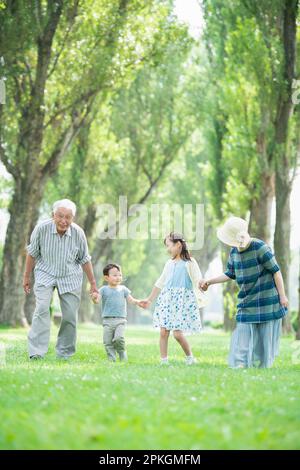 Grandparents and grandchildren walking along a row of poplar trees Stock Photo