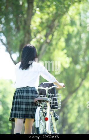 Rear view of a female student pushing a bicycle on poplar trees Stock ...