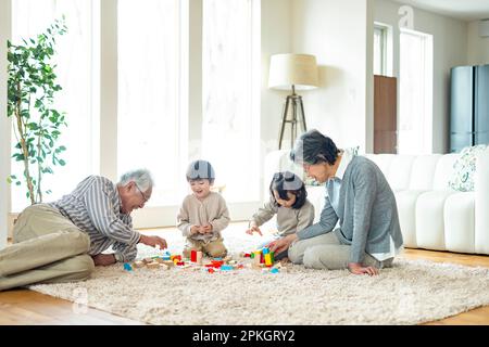 Grandparents and grandchildren playing with building blocks Stock Photo