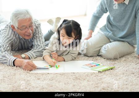 Grandparents and grandchildren drawing Stock Photo