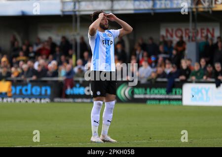 Sutton, UK. 07th Apr, 2023. Kyle Wootton of Stockport County puts hands to his head as a chance goes begging during the EFL Sky Bet League 2 match between Sutton United and Stockport County at the VBS Community Stadium, Gander Green Lane, Sutton, England on 7 April 2023. Photo by Carlton Myrie. Editorial use only, license required for commercial use. No use in betting, games or a single club/league/player publications. Credit: UK Sports Pics Ltd/Alamy Live News Stock Photo