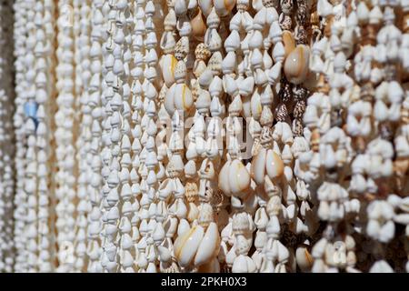 Close up of Handmade Multicolored Sea Shell Necklaces hanging on a Rack with shallow depth of field Stock Photo