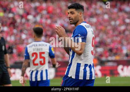 Lisbon, Portugal. 07th Apr, 2023. Mehdi Taremi from FC Porto (C) celebrates his goal during Liga Portugal Bwin football match between SL Benfica and FC Porto at Estadio da Luz.Final score: SL Benfica 1:2 FC Porto Credit: SOPA Images Limited/Alamy Live News Stock Photo