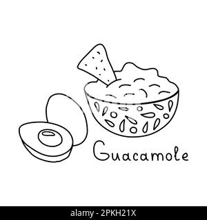 Mexican food guacamole in bowl with avocado and nachos, doodle style flat vector outline illustration for kids coloring book Stock Vector