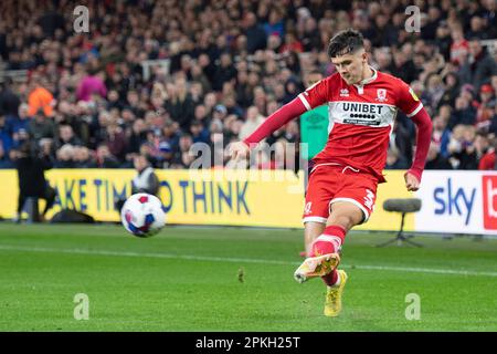 Middlesbrough's Ryan Giles crosses the ball into the box during the Sky Bet Championship match between Middlesbrough and Burnley at the Riverside Stadium, Middlesbrough on Friday 7th April 2023. (Photo: Trevor Wilkinson | MI News) Stock Photo