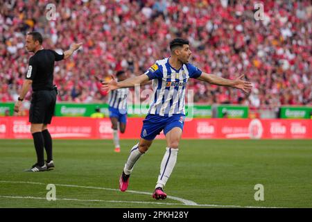 Lisbon, Portugal. 07th Apr, 2023. Mehdi Taremi from FC Porto (C) celebrates his goal during Liga Portugal Bwin football match between SL Benfica and FC Porto at Estadio da Luz.Final score: SL Benfica 1:2 FC Porto (Photo by Bruno de Carvalho/SOPA Images/Sipa USA) Credit: Sipa USA/Alamy Live News Stock Photo