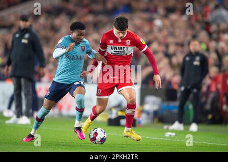 Middlesbrough's Ryan Giles and Burnley's Nathan Tella challenge for the ball during the Sky Bet Championship match between Middlesbrough and Burnley at the Riverside Stadium, Middlesbrough on Friday 7th April 2023. (Photo: Trevor Wilkinson | MI News) Stock Photo