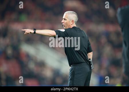 Referee Darren Bond during the Sky Bet Championship match between Middlesbrough and Burnley at the Riverside Stadium, Middlesbrough on Friday 7th April 2023. (Photo: Trevor Wilkinson | MI News) Stock Photo