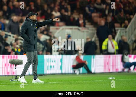 Burnley Manager Vincent Kompany shouts instructions from the side line during the Sky Bet Championship match between Middlesbrough and Burnley at the Riverside Stadium, Middlesbrough on Friday 7th April 2023. (Photo: Trevor Wilkinson | MI News) Stock Photo