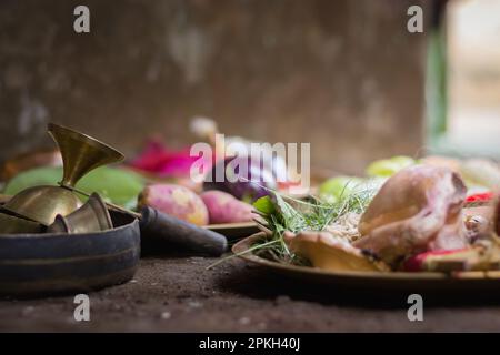 Boron dala and other puja essentials like kasar ghanta etc kept together for hindu pooja rituals. Stock Photo