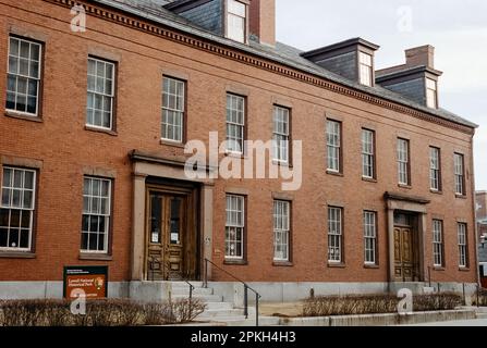 The beautiful brick Headquarters of the Lowell National Historic Park in Lowell, Massachusetts. The image was captured on analog color film. Stock Photo