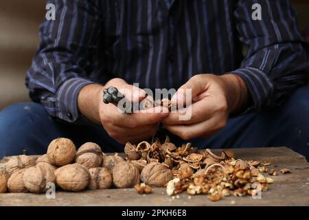 Man cracking walnuts at wooden table, closeup Stock Photo