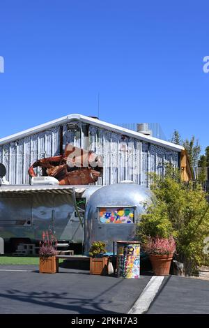 COSTA MESA, CALIFORNIA - 4 APR 2023: Airstream trailers turned into shops at The LAB Anti Mall. Stock Photo
