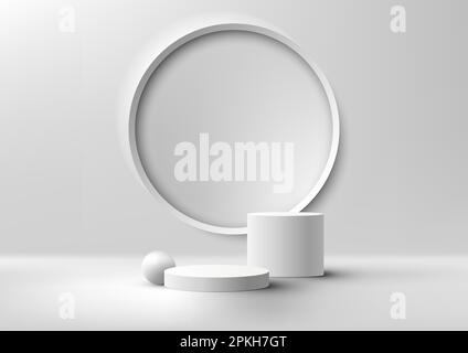 3D realistic modern style empty white podium platform decoration with white ball and circle wall scene background. You can use for beauty cosmetic pre Stock Vector