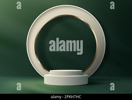 3D realistic luxury style white podium platform with golden circle backdrop on green background and natural lighting. You can use for beauty cosmetic Stock Vector
