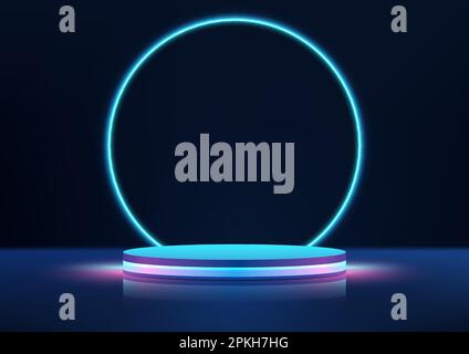 3D realistic empty blue and pink neon colors podium with circles glowing blue neon light backdrop on black background technology style. Product displa Stock Vector