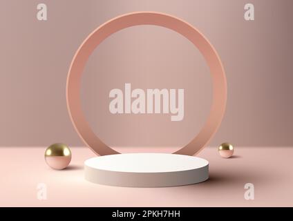3D realistic modern luxury style empty white podium platform with pink circle backdrop and golden balls on pink background and natural lighting. You c Stock Vector
