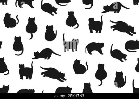 Cats cute silhouette seamless pattern. Shape kitty purebred different poses boundless wallpaper. Cats sleeping, stretching, playing meow endless background. Kitten shadow characters pet animals vector Stock Vector