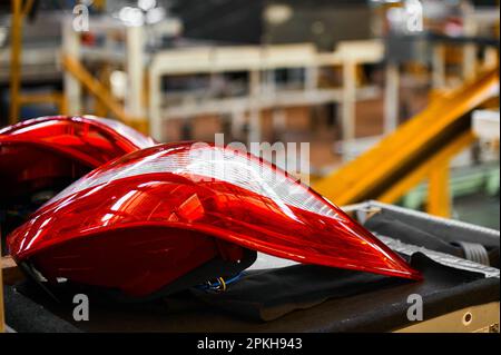 Tail light of new car in assembling workshop Stock Photo