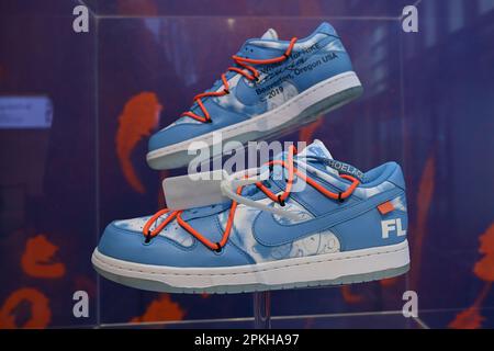 Nike Dunk Low 'Virgil Abloh™ x Futura Laboratories' sneakers on display at  Sotheby's on April 07, 2023 in New York City Stock Photo - Alamy