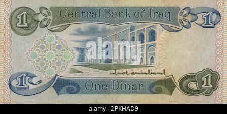 View of the Reserve Side of an Iraqi Banknote of a One Dinar Issued in 1980 Featuring the Picture of Al-Mustansirya School (Mustansiriya Madrasah) in Stock Photo