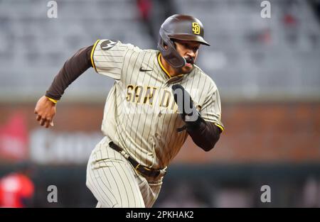 Atlanta, GA, USA. 07th Apr, 2023. San Diego Padres outfielder Trent Grisham rounds third base during the sixth inning of a MLB game against the Atlanta Braves at Truist Park in Atlanta, GA. Austin McAfee/CSM/Alamy Live News Stock Photo
