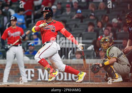 April 29, 2021: Atlanta Braves outfielder Ronald Acuna Jr. runs to first  base after hitting a single during the seventh inning of a MLB game against  the Chicago Cubs at Truist Park