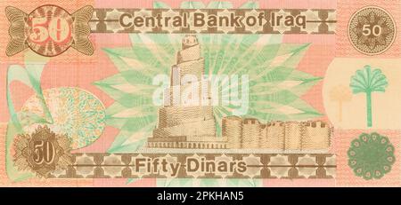 View of the Reserve Side of an Iraqi Banknote of a Fifty Dinar Featuring the Picture of The Spiral Minaret of The Great Mosque of Samarra Issued in 19 Stock Photo