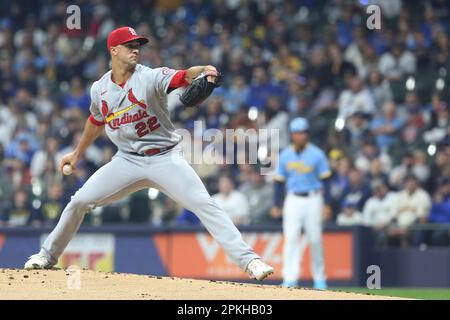 MILWAUKEE, WI - APRIL 07: St. Louis Cardinals starting pitcher Jack Flaherty  (22) throws during a game between the Milwaukee Brewers and the St. Louis  Cardinals at American Family Field on April