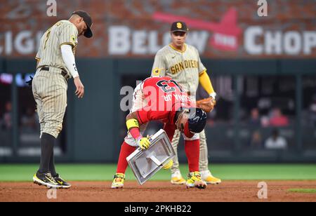 Atlanta, USA. 07th Apr, 2023. April 07, 2023: Atlanta Braves infielder Ozzie  Albies adjusts his hat while heading back to the dugout during the ninth  inning of a MLB game against the