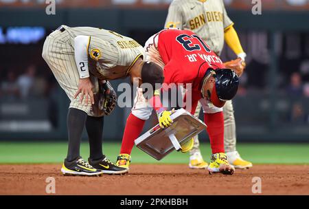 ATLANTA, GA – APRIL 07: San Diego third baseman Manny Machado (13) warms up  prior the start of the MLB game between the San Diego Padres and the  Atlanta Braves on April