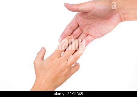 Hands of man and woman reaching to each other. Two people holding hands on white background. That can mean helping, caring, protecting, loving, caring Stock Photo