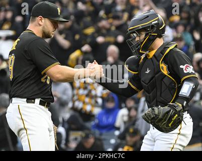 Pittsburgh Pirates relief pitcher Wil Crowe (29) greets Pittsburgh Pirates catcher Jason Delay (55) following the Pirates 13-9 win against the Chicago White Sox at the Home Opener at PNC Park on Friday April 7, 2023 in Pittsburgh. Photo by Archie Carpenter/UPI Stock Photo