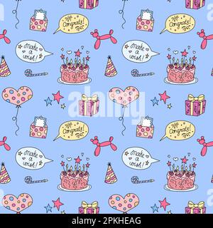 Birthday party pattern. Seamless vector background with bday doodles. Funny holiday elements. Colorful hand drawn kid birthday design objects. Repeat Stock Vector