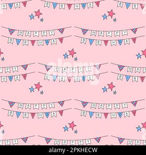 Happy Birthday colorful pattern. Vector seamless pink background with bday funny doodle flags garland. Hand drawn repeat illustration. Stock Vector