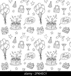 Birthday doodles pattern. Seamless vector black and white background with bday funny doodle elements. Hand drawn repeat illustration. Stock Vector