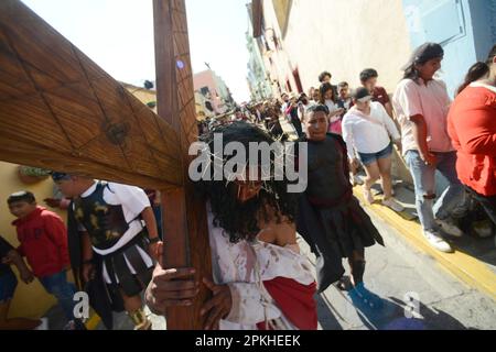 Atlixco, Mexico. 7th Apr, 2023. A person representing Jesus, takes part during the Representation of the Stations of the Cross on Good Friday as part of the Holy Week Celebrations. on April 7, 2023 in Atlixco, Mexico. (Credit Image: © Carlos Tischler/eyepix via ZUMA Press Wire) EDITORIAL USAGE ONLY! Not for Commercial USAGE! Stock Photo