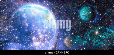 Cosmic panorama of the universe. Space travel fantasy. Stock Photo