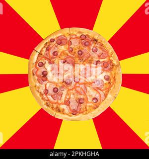 poster in pop art style with pizza on yellow red background. High quality photo Stock Photo