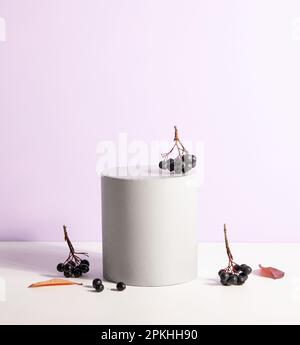 Podiums or pedestals for products display on purple background. Scene with a podium for product presentation, 3d rendering. Stock Photo