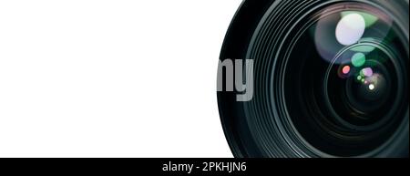 Front of camera lens with reflected light on white background, banner copy space, clipping path included. Stock Photo