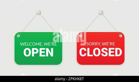 Open and Closed hanging door signs isolated on white background. Stock Vector