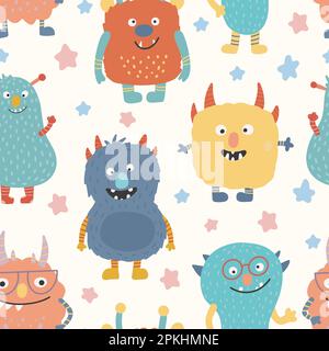 Monster seamless pattern. Cute cartoon characters in simple hand-drawn Scandinavian style. Vector childish funny doodle illustration. Stock Vector