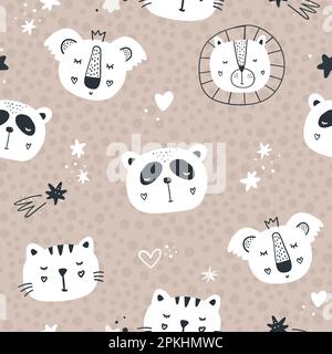 Vector color hand-drawn seamless repeating childish cute pattern with cute animals and hearts in Scandinavian style. Stock Vector
