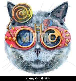 Cute cat. Cat for t-shirt graphics. Watercolor British Shorthair illustration Stock Photo