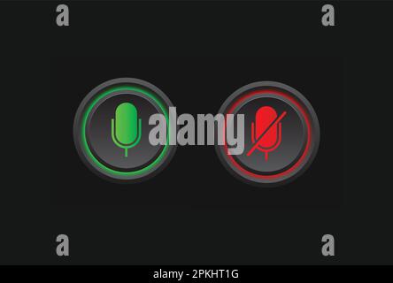 Microphone sound on and off green and red icons neon light buttons premium vector. Stock Vector