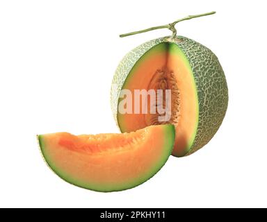 Fresh Ripe Muskmelon Sliced from Whole Fruit Isolated on white background Stock Photo