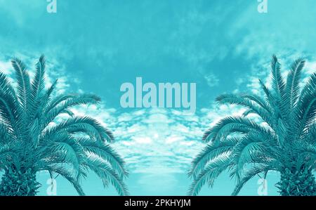 Pop Art Surreal Styled of Turquoise Blue Two Palm Trees Stock Photo