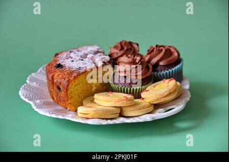 Closeup of Easter cookies on green background Stock Photo