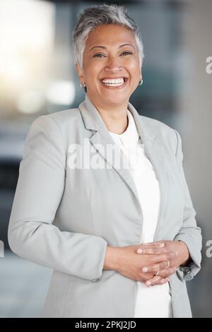 Happy, business and portrait of woman in office for manager, professional and executive. Mission, happiness and pride with senior female employee in Stock Photo